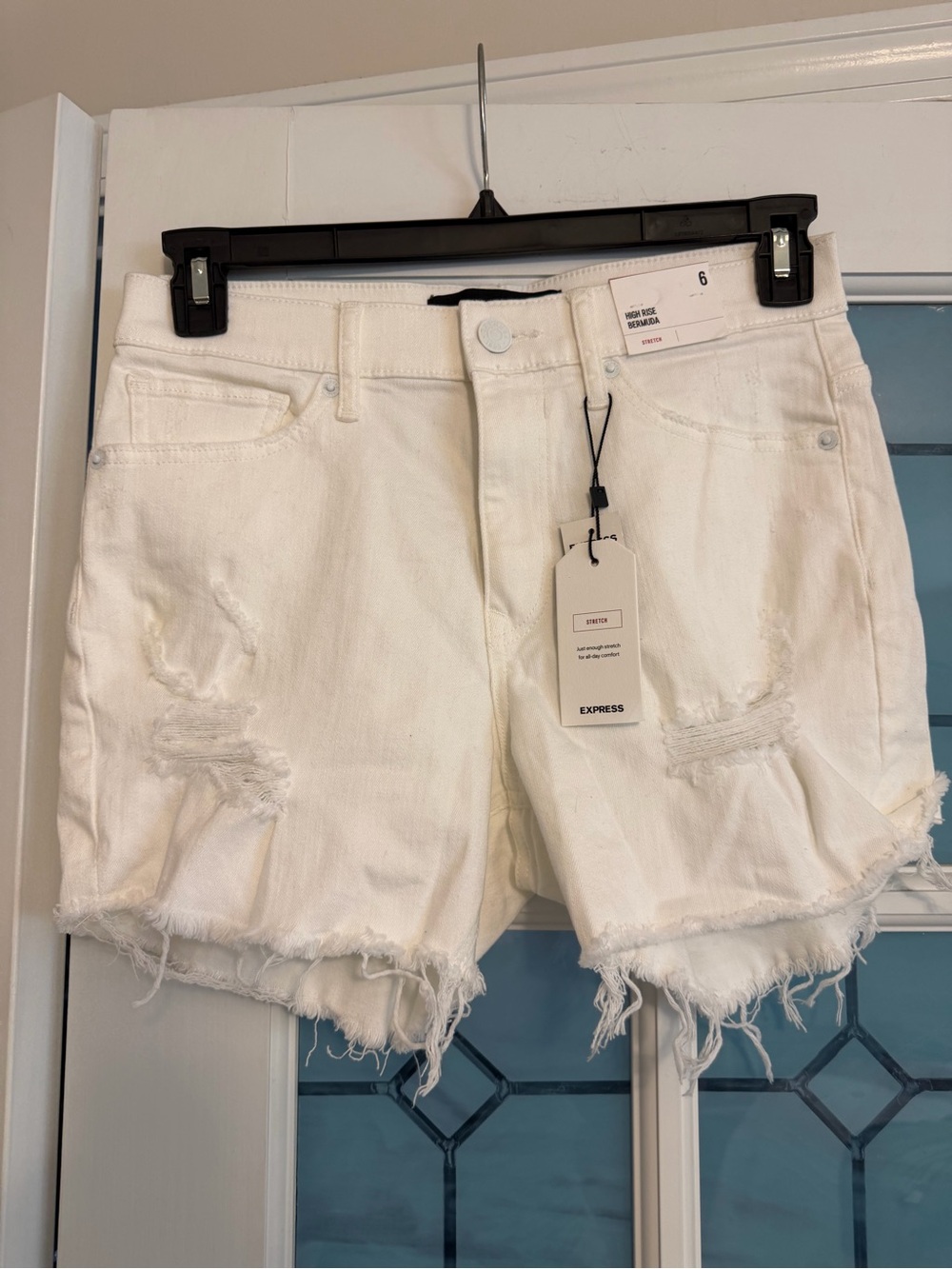 Express White Distressed Frayed Hem Denim Shorts